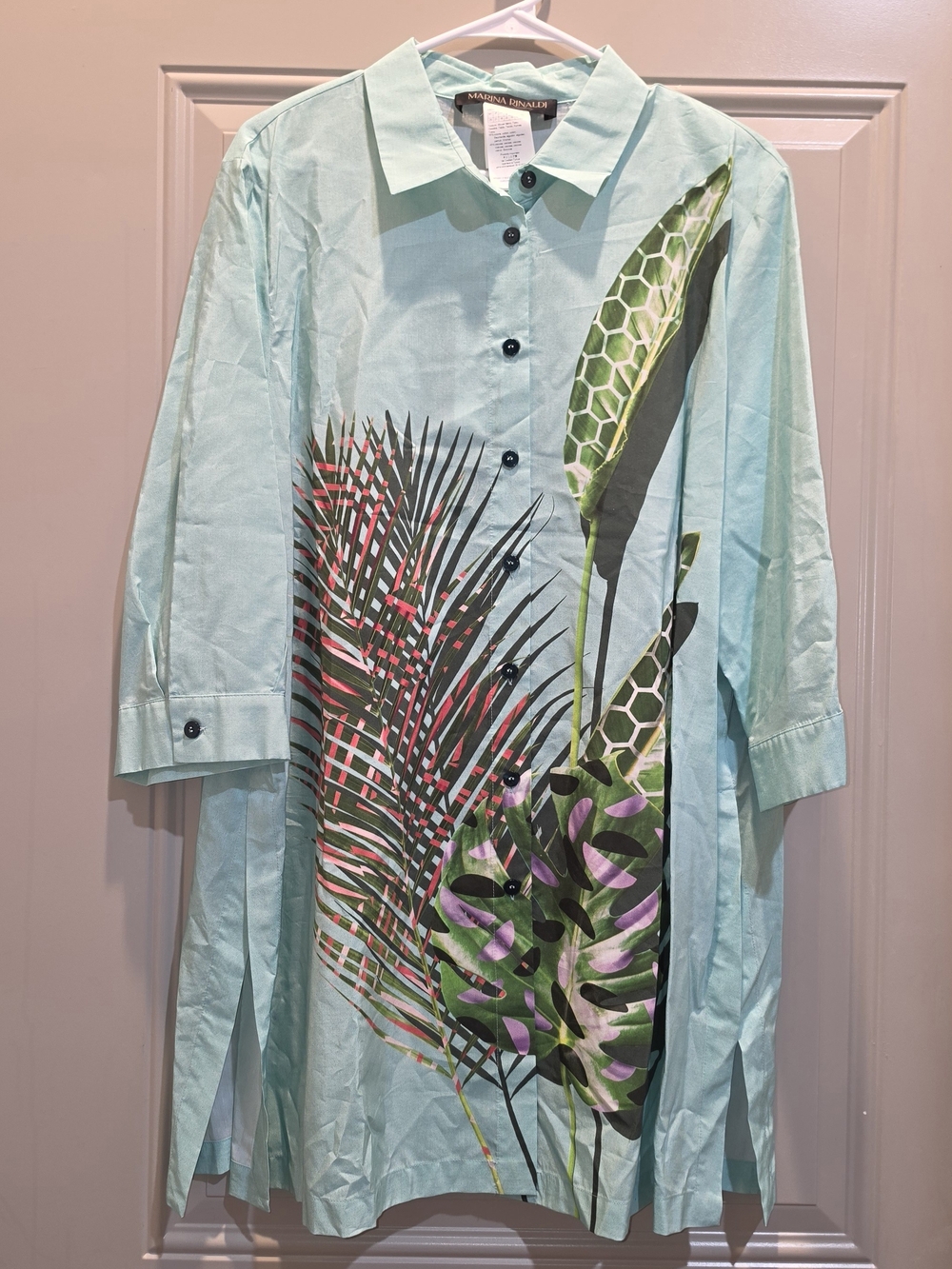 Marina Rinaldi Mint Green Tropical Print Button-Up Tunic, 16W PTP 25 Inches
